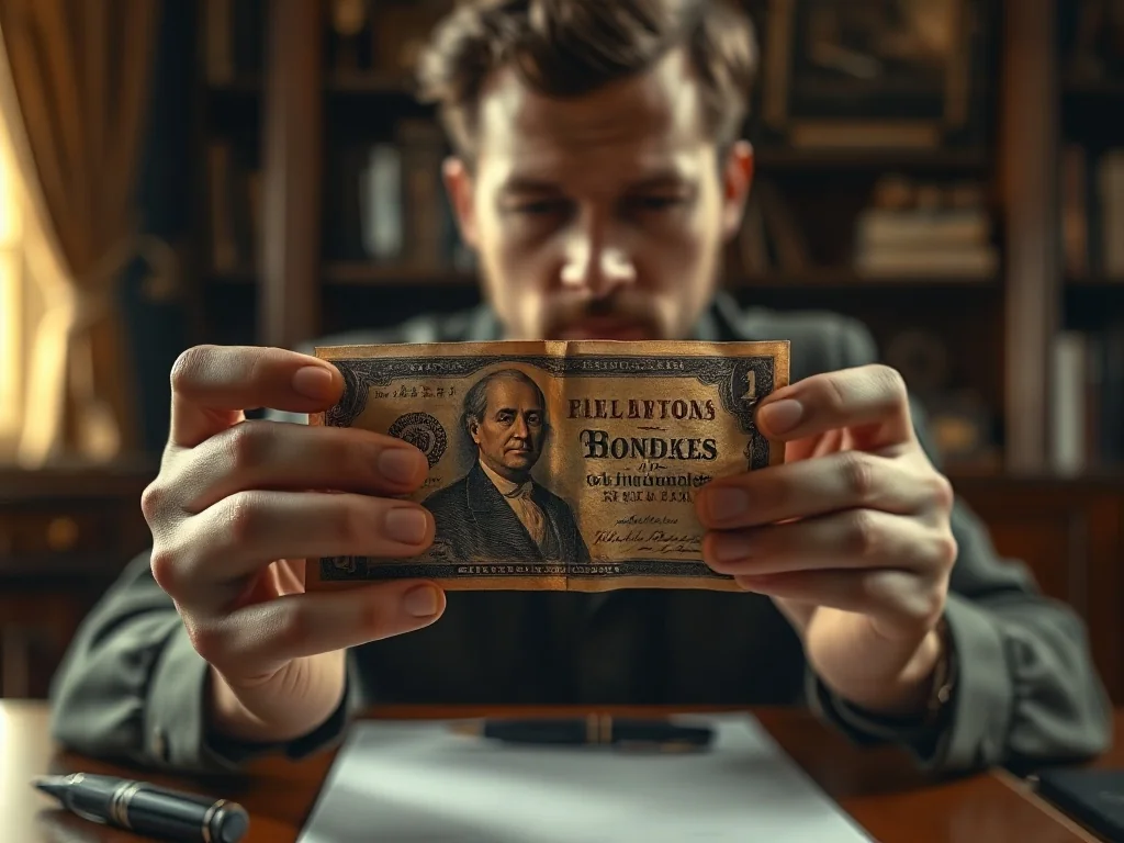 Dłonie trzymające zabytkowy banknot na tle eleganckiego gabinetu, symbolizujące historyczną wartość pieniądza papierowego.
