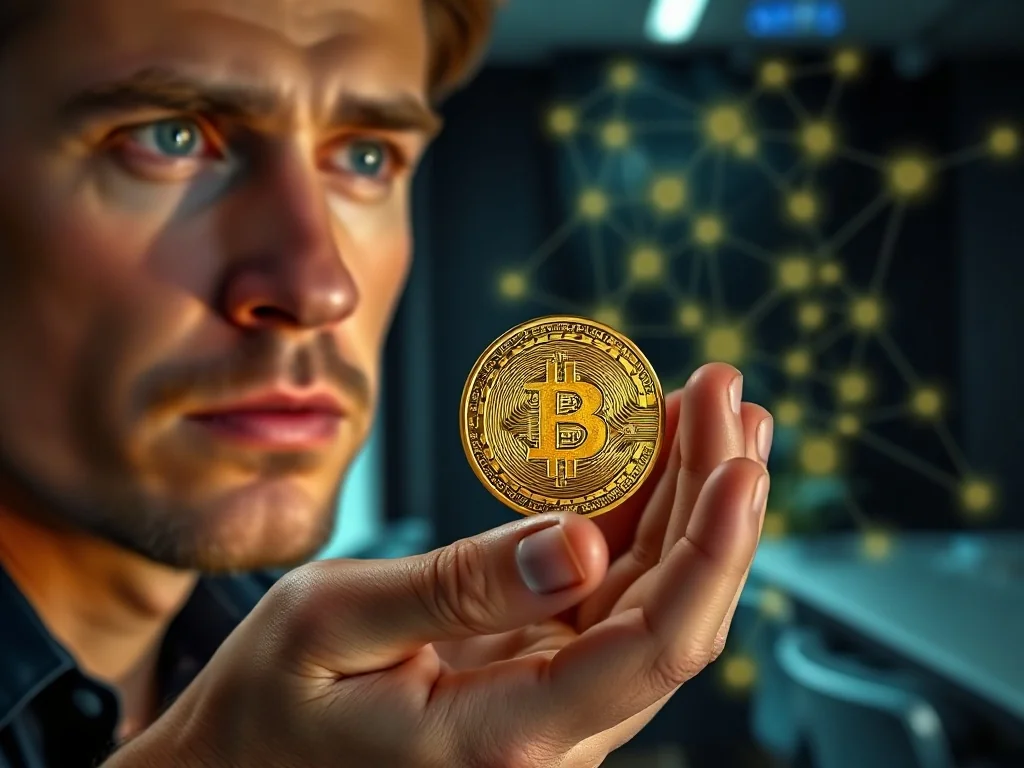 Mężczyzna trzymający w dłoni starożytną złotą monetę na tle cyfrowej sieci blockchain, symbolizujący ewolucję pieniądza.