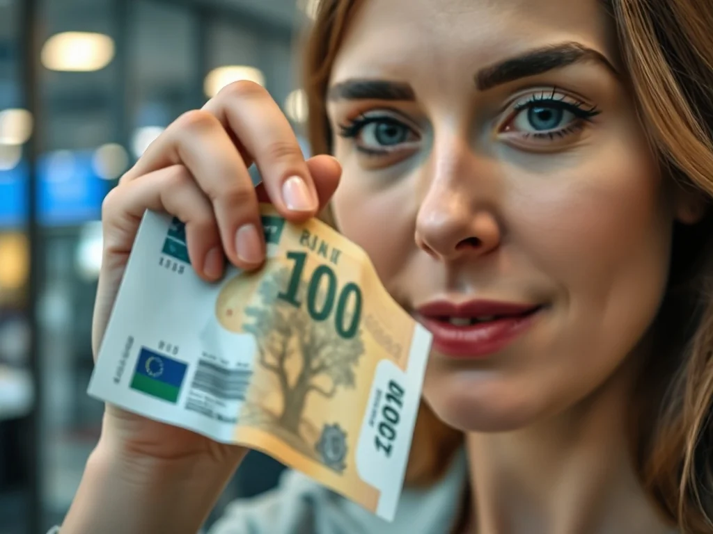 Kobieta sprawdza znak wodny na banknocie pod światło, weryfikując jego autentyczność w nowoczesnym wnętrzu banku.