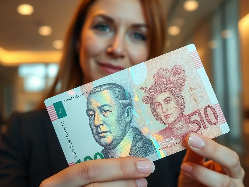 Zbliżenie na nowoczesny banknot polimerowy z widocznymi detalami holograficznymi, trzymany w dłoni w biurowym wnętrzu.