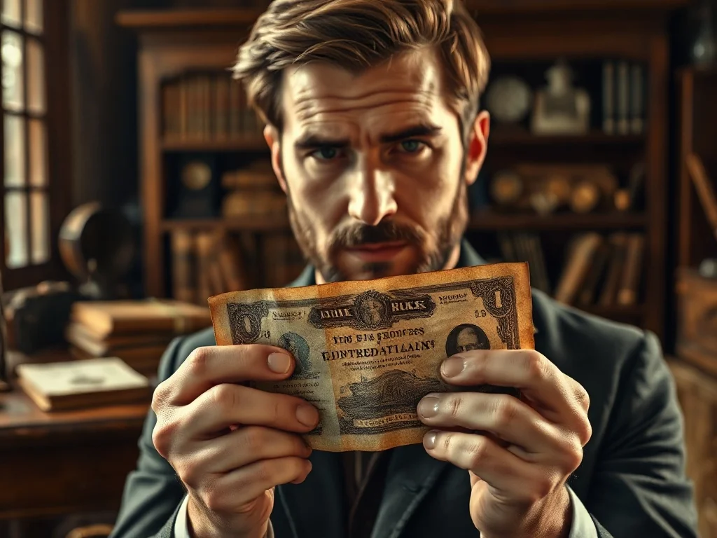 Mężczyzna trzymający w dłoniach zabytkowy banknot na tle biurka z dawnymi księgami i monetami, nawiązujący do historii pieniądza.